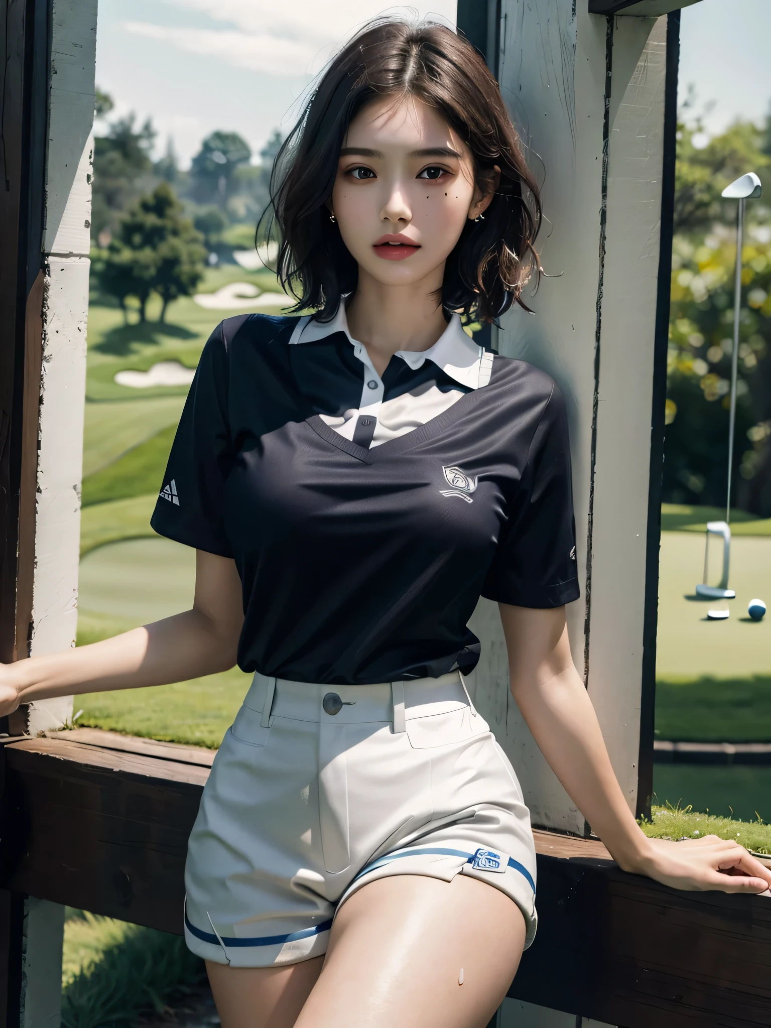 absurdres, RAW photo, extremely delicate and beautiful, masterpiece, Best Quality, ultra high resolution, 32k, hyperrealistic, ultra-detailed, perfect anatomy, perfect figure, super Detailed skin, 20 years old, very Slim body, narrow waist, very small head, very small face, delicate facial features, tearful mole, earring, thin legs, bare legs, ((very huge round breasts)), short medium hair, ((wavy hair)), wet clothes, (((golf uniform))), shorts,