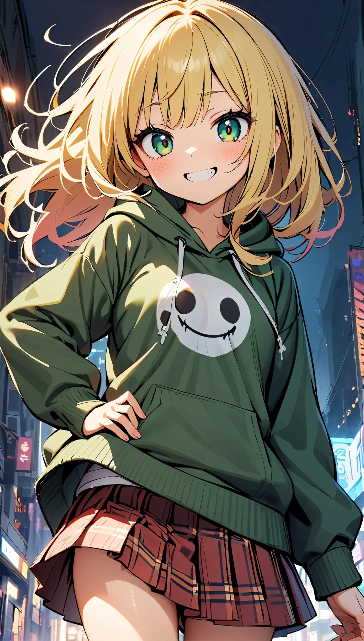 One girl, alone, Big eyes, Wicked Smile,hoodie, Pleated skirt, JK,