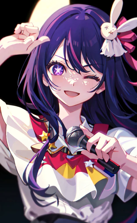 (best quality:1.4, masterpiece, 4k, details), Hoshino Ai, long hair, purple hair, streaked hair ,purple eyes, star-shaped pupils, hair ornament, on stage, smile, right hand pointing at camera, one eye closed, holding a mic with the left hand,close up shot, extremely detailed eyes, glowing eyes, highest quality digital art, Stunning art, wallpaper 4k