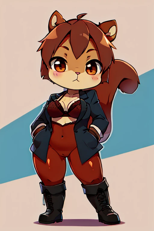 boy, squirrel, furry, bodyfur, blazer, bra, bottomless, color tights, gloves, boots, chibi