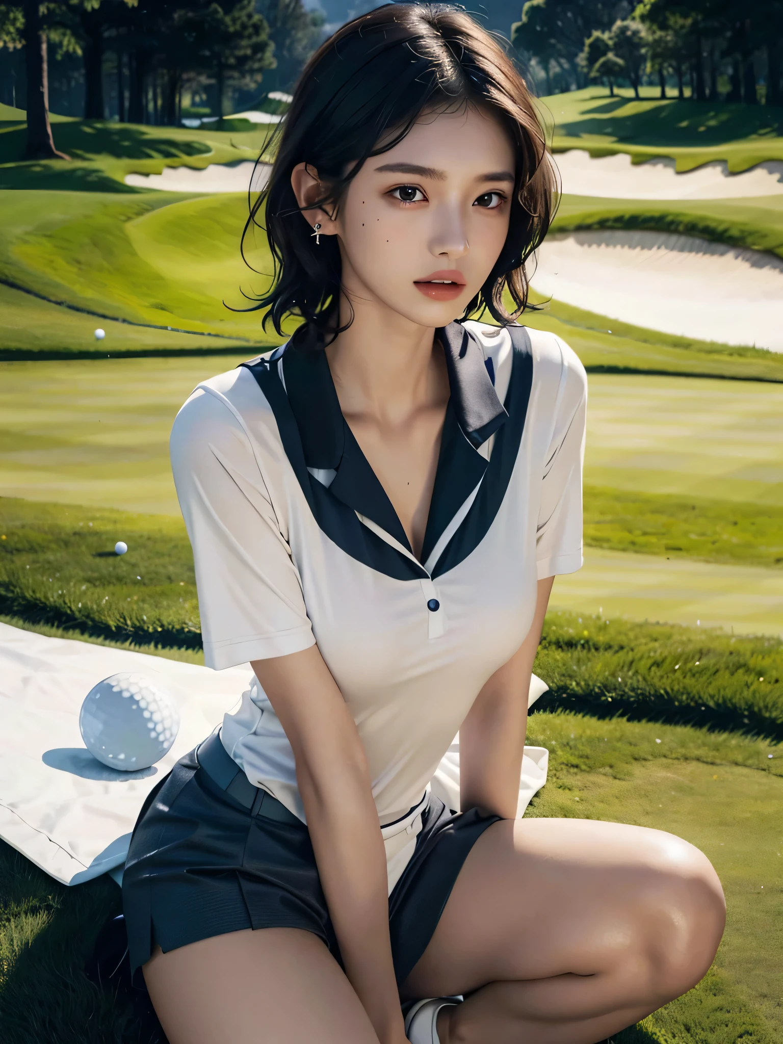 absurdres, RAW photo, extremely delicate and beautiful, masterpiece, Best Quality, ultra high resolution, 32k, hyperrealistic, ultra-detailed, perfect anatomy, perfect figure, super Detailed skin, 20 years old, very Slim body, narrow waist, very small head, very small face, delicate facial features, tearful mole, earring, thin legs, bare legs, ((very huge round breasts)), short medium hair, ((wavy hair)), wet clothes, (((golf uniform))), shorts,