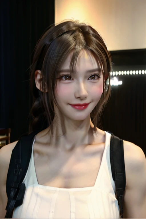 thin, minure female, forehead, amount, One girl, chest, 一人in, Brown_hair, jewelry, Earrings, length_hair, french Braiding, side Braiding, Braiding, single Braiding, cover, lips, upper_body, Artist_name, Looking_in_Audience, big_chest, Brown_eye, smile, Moderate_chest, clavicle, chestの谷間, nose, bMakeup, vertical_stripe, head_Tilt, lipstick, winermark