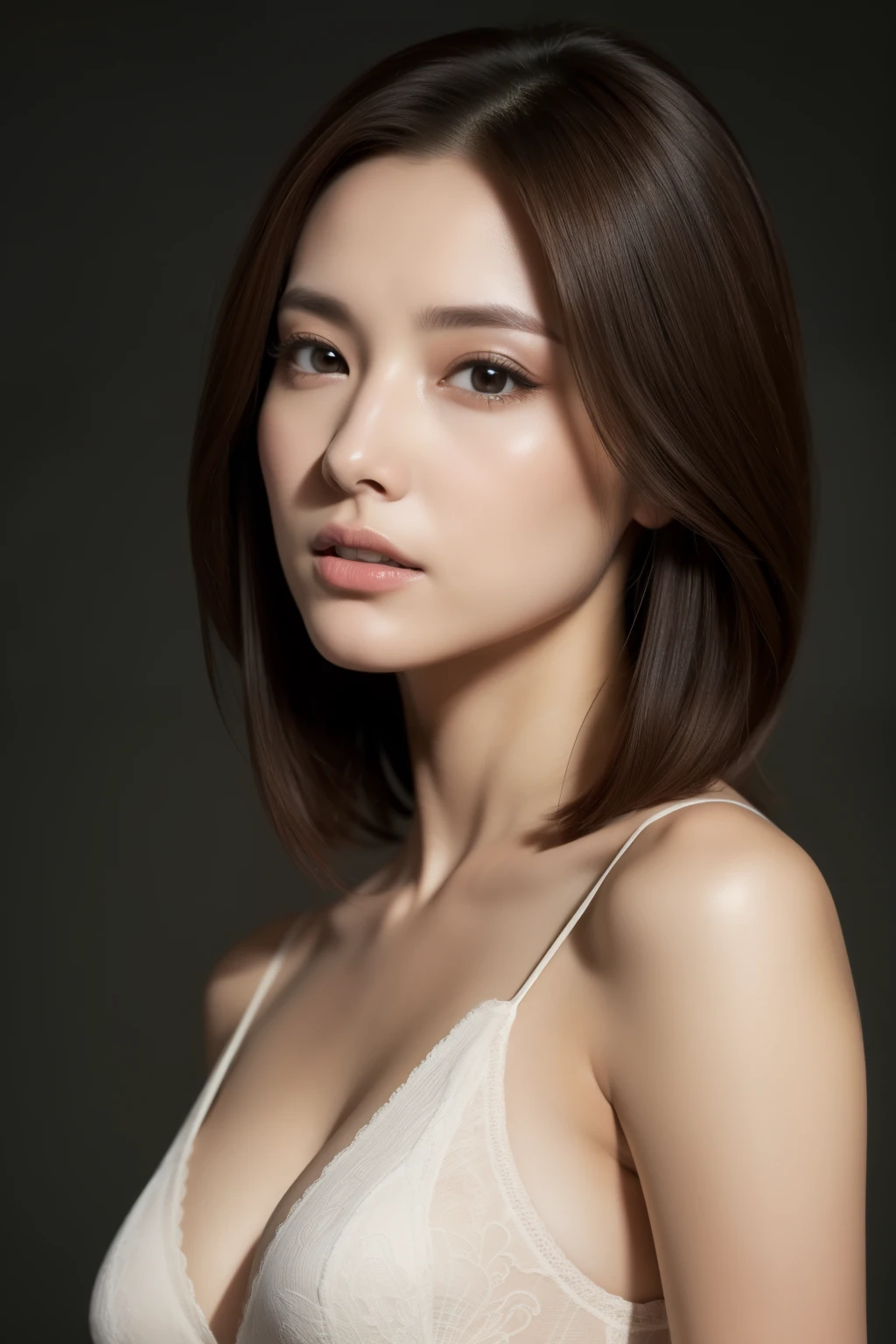 highest quality, masterpiece, High resolution, Photorealistic, Raw photo, 8k wallpaper, perfection, Professional Lighting, Very detailed, Depth of written boundary,Pale plain background, ((One beautiful woman)), Age 35, Sexy Woman, Detailed face, Beautiful Eyes, Shapely small breasts, Light brown straight hair, Faint lips, Stand facing forward, Staring at the audience, Squinting one's eyes with a serious expression, (T-Shirts)