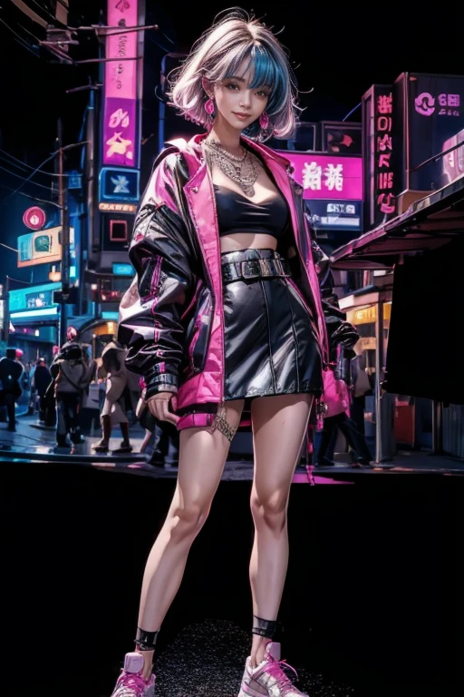 highest quality, Very detailed, masterpiece, 1 person,woman,(((完璧なwomanの体))),Very beautiful face, Very beautiful body,Gentle expression, Very beautiful eyes,(Perfect Makeup:1.1),Fashion Model,Graphic Arts,Cyberpunk Fashion,short hair,Shaggy Hair,Fluorescent pink and blue hair:1.3, Very thin body,Smart Abs, Black and purple cyberpunk short outfit, Fluorescent pink and blue mini skirt,necklace,anklet,Garter Stockings,Two-tone high-top sneakers,A kind smile,Full body portrait,(Street background:1.3), (Shiny skin),(Earrings),Geometric pattern,Gradient Graphics,Neon Signs,