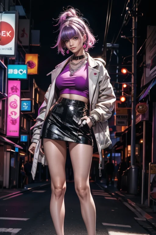 highest quality, Very detailed, masterpiece, 1 person,woman,(((完璧なwomanの体))),Very beautiful face, Very beautiful body,Gentle expression, Very beautiful eyes,(Perfect Makeup:1.1),Fashion Model,Graphic Arts,Cyberpunk Fashion,short hair,Shaggy Hair,Fluorescent pink and blue hair:1.3, Very thin body,Smart Abs, Black and purple cyberpunk short outfit, Fluorescent pink and blue mini skirt,necklace,anklet,Garter Stockings,Two-tone high-top sneakers,A kind smile,Full body portrait,(Street background:1.3), (Shiny skin),(Earrings),Geometric pattern,Gradient Graphics,Neon Signs,