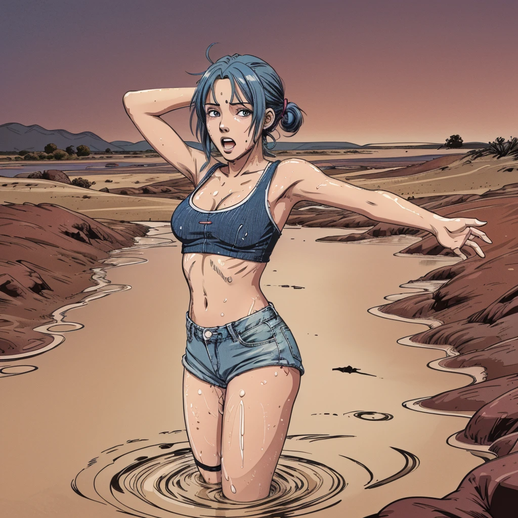 (vector image:1.2), (best quality), (highres), (masterpiece), (anime), (young teenage girl), (gloomy orgasm:1.1),(colored hair), (blush), (sporty top), (stockings ), ( denim shorts), ( drowned in quicksand bog), (red),blue sky, from back