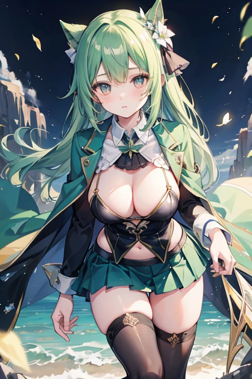 masterpiece, best quality, 1 Girl, Solitary, Nashida_Genshin Impact, Cross-shaped pupil, Bikini, Green tie, suit, Pleated Skirt, Green Cape, Standing breast lower part，shy