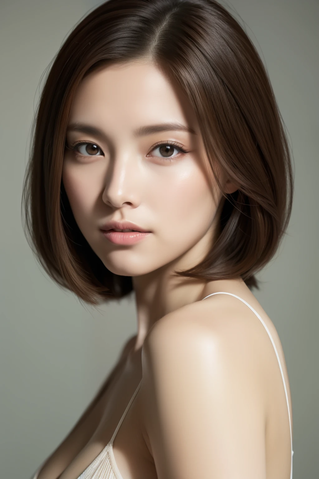 highest quality, masterpiece, High resolution, Photorealistic, Raw photo, 8k wallpaper, perfection, Professional Lighting, Very detailed, Depth of written boundary,Pale plain background, ((One beautiful woman)), Age 35, Sexy Woman, Detailed face, Beautiful Eyes, Shapely small breasts, Light brown straight hair, Bob Hair, Faint lips, Stand facing forward, Staring at the audience, Squinting one&#39;s eyes with a serious expression, (T-Shirts)