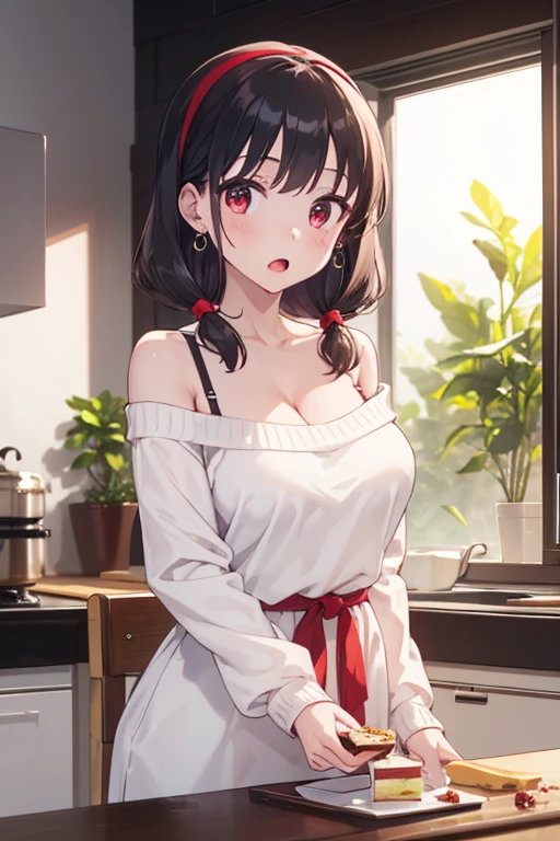 masterpiece, 1girl, Amazing Cleavage:1.3, thin waist, big ass, Raised sexy, medium breast:1.3,posed cleavage:1.2,solo, looking at viewer, open mouth, have a cup of coffee,black hair, red eyes, dress, bare shoulders, jewelry, collarbone, sidelocks, hairband, earrings, indoors, off shoulder, :o, sweater, arms behind back, plant, short hair with long locks, white hairband, off-shoulder dress, sweater dress, off-shoulder sweater, red sweater, big side hair, very long side hair,is rendered in (masterpiece: 1.2, best quality), with (ultra high resolution) and an exquisite (depth of field). This masterpiece is not only visually stunning but also tells, make of cooking some cakes ,in the kitchen 
