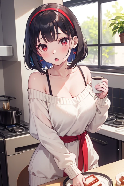 masterpiece, 1girl, Amazing Cleavage:1.3, thin waist, big ass, Raised sexy, medium breast:1.3,posed cleavage:1.2,solo, looking at viewer, open mouth, have a cup of coffee,black hair, red eyes, dress, bare shoulders, jewelry, collarbone, sidelocks, hairband, earrings, indoors, off shoulder, :o, sweater, arms behind back, plant, short hair with long locks, white hairband, off-shoulder dress, sweater dress, off-shoulder sweater, red sweater, big side hair, very long side hair,is rendered in (masterpiece: 1.2, best quality), with (ultra high resolution) and an exquisite (depth of field). This masterpiece is not only visually stunning but also tells, make of cooking some cakes ,in the kitchen