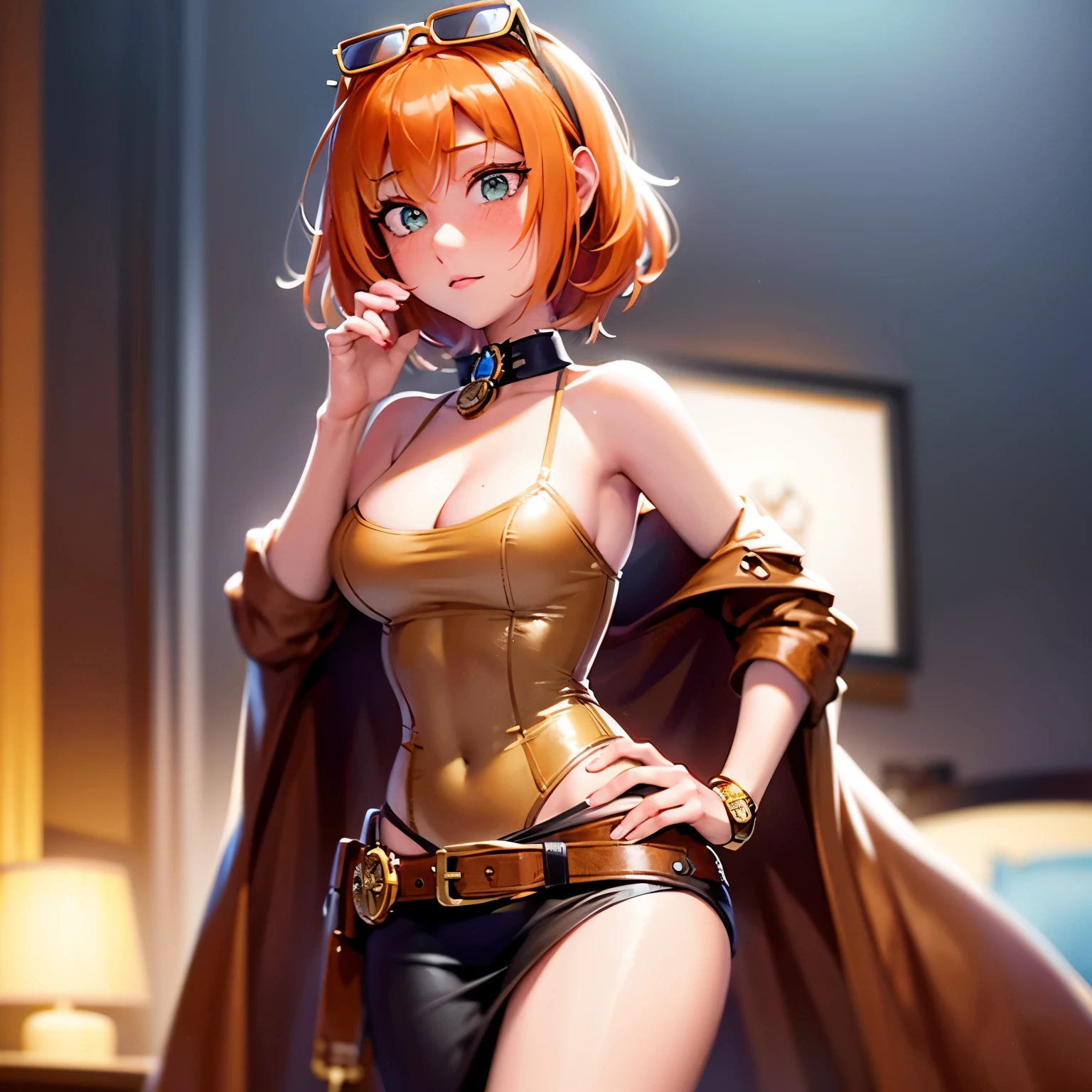 masterpiece, best quality, 1girl, solo, mature female, orange hair,  upper body, (long nose), beautiful eyes,  ((steampunk)), sunglasses,   happy,  cartoon, oil painting,  modelshoot style, (extremely detailed CG unity 8k wallpaper), freckles, (cute), (blush), nsfw, nude