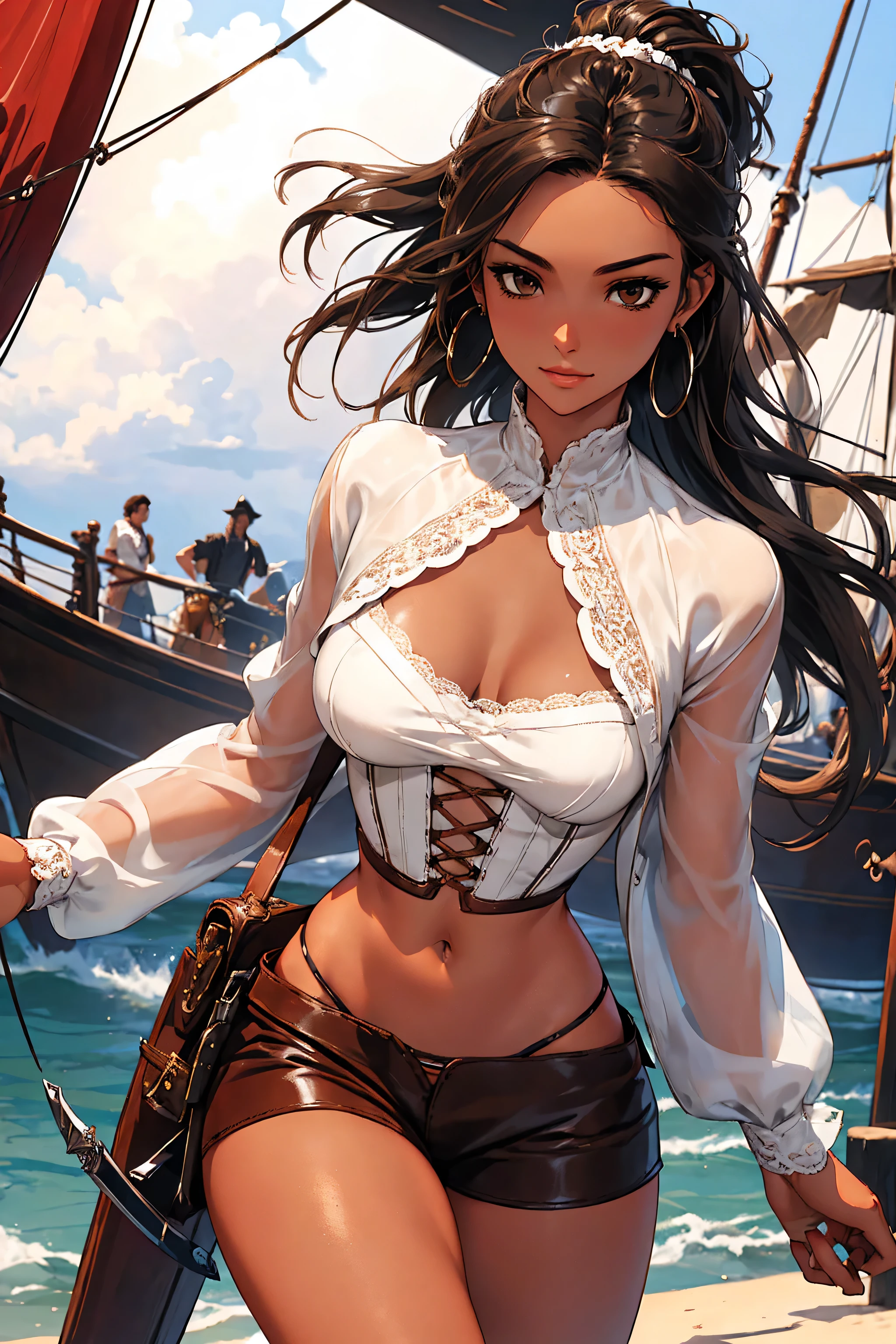 (masterpiece), best quality, expressive eyes, perfect face, (pirate ship background), (standing), (smirk), (closeup view), (1girl, selt, dark skin, tanned skin, black hair, wavy hairstyle, brown eyes, hourglass figure, thin body, skinny body, petite_body, medium breasts, thick thighs, long fingernails, brown plaid head wrap, white front lace blouse, long sleeve, loose fit, brown leather corset, brown leather shorts, brown boots, sheathed cutlass sword, flintlock pistol in holster, hoop earrings, miscellaneous jewelry)