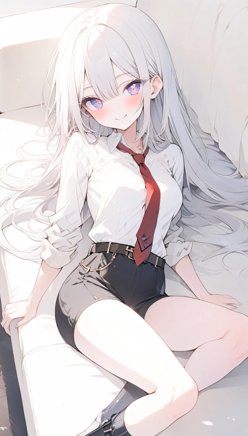 highest quality)), ((masterpiece)),Perfect Face((highest quality)）cute,Adult beautiful girl,Pure white hair、Long Hair、Purple Eye、1 person、Cute, Short Hair、Beautiful eyes,Beautiful breasts、8K、wallpaper、Thighs、Slender body、Small face、Thighs、heart-shaped pupils、 Slim body、Straight hair、Straight Hair、Thin、slim、G cup bust、170 height、smile、Steam、steam、slim body、slender body、spats、hot pants、Shorts、Shorts、belt、Upper Body、Detective Coordination、ALONE、Office sofa、white、Red tie、Untidy clothes、Clothes that stick out、Shirt tucked in、lie on sofwa、lie down