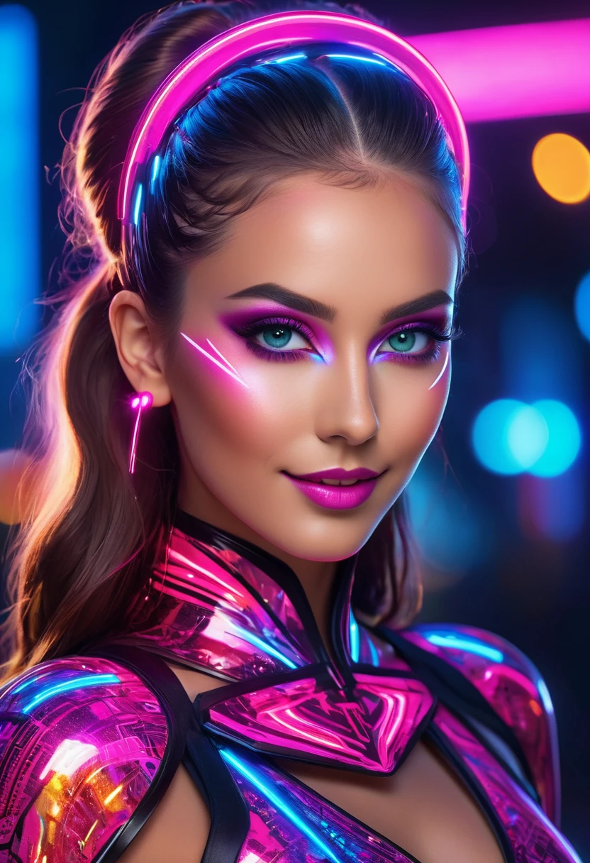 Beautiful model, Futuristic Makeup, Floating long hair, Smile, Hair accessories, Neon Pink, Graffiti, night, Bright Eyes, Starlight ﻿ (best quality,4k,8k,highres,masterpiece:1.2),ultra-detailed,(realistic,photorealistic,photo-realistic:1.37),portraits,concept artists,studio lighting,HDR,UHD,physically-based rendering,extreme detail description,professional,vivid colors,bokeh,futuristic,beauty,design,algorithmic makeup,sleek,clean,precision,geometric patterns,neon lights,glowing lines,futuristic fashion,sharp contours,high-tech elements,fluid lines,metallic sheen,shimmering effects,digital enhancements,glowing eyes,reflective surfaces,digital artistry,striking makeup transformation,digital aesthetics,transcendent beauty