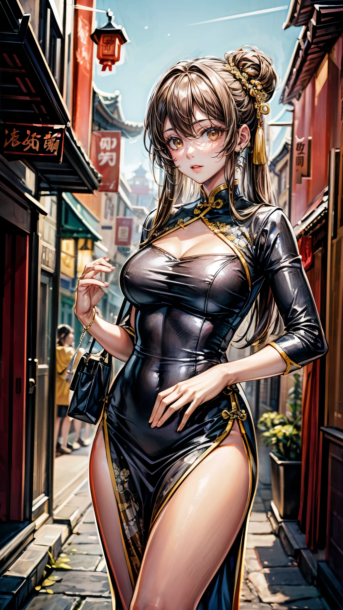 masterpiece,highest quality,Ultra high definition,China,beautiful person,China dress,Chinatown,brown eyes