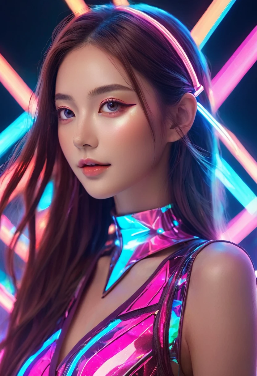 Beautiful model, Futuristic Makeup, Floating long hair, Smile, Hair accessories, Neon Pink, Graffiti, night, Bright Eyes, Starlight (best quality,4k,8k,highres,masterpiece:1.2),ultra-detailed,(realistic,photorealistic,photo-realistic:1.37),portraits,concept artists,studio lighting,HDR,UHD,physically-based rendering,extreme detail description,professional,vivid colors,bokeh,futuristic,beauty,design,algorithmic makeup,sleek,clean,precision,geometric patterns,neon lights,glowing lines,futuristic fashion,sharp contours,high-tech elements,fluid lines,metallic sheen,shimmering effects,digital enhancements,glowing eyes,reflective surfaces,digital artistry,striking makeup transformation,digital aesthetics,transcendent beauty