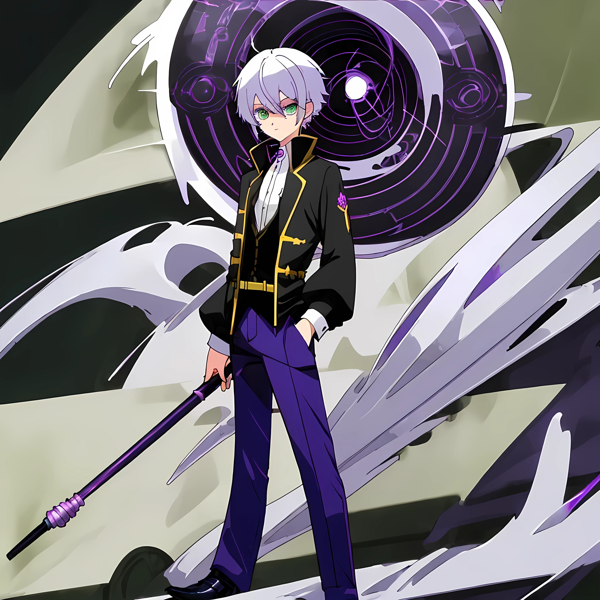 Boy, white hair, bangs, emerald eyes, black suit, purple shirt, gold watch on left hand, black cane in right hand, purple pants, black shoes