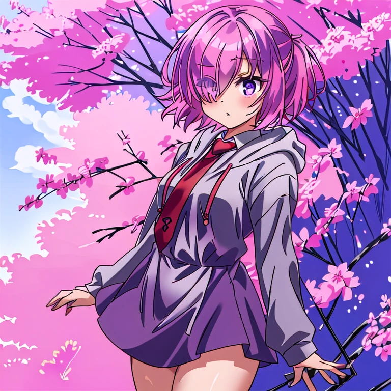 takeuchi takashi, ((masterpiece)), 1girl, (mash_kyrielight, pink hair, purple eyes, hair over one eye,  collared dress, red necktie, (gray hoodie), hood down),  