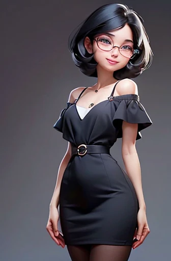 (masterpiece), (8k, best quality, high resolution), (ultra-detailed, realistic), (anatomically correct),
((full body image)), (Standing), (No background),
(1woman), (looking at viewer),
(A Japanese woman, 30 years old and 155cm tall.),
(black hair), (straight hair), (short hair style), (bob cut), (hair behind ears),
((she wears glasses with black cell-frame frames)),
(dark blue spaghetti strap dress),
(Create a detailed image of the eye),
(Her impression is pure, clean and kind.),
((A captivating smile, just showing a few teeth.)),