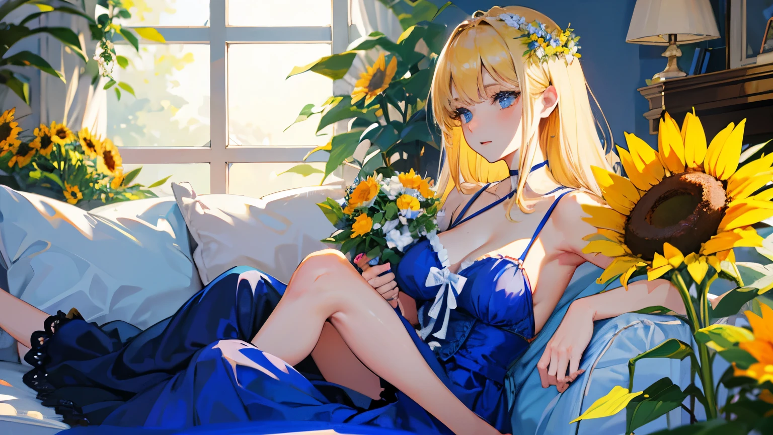 blonde girl,royal blue dress,Holding a teddy bear and a bouquet of sunflowers