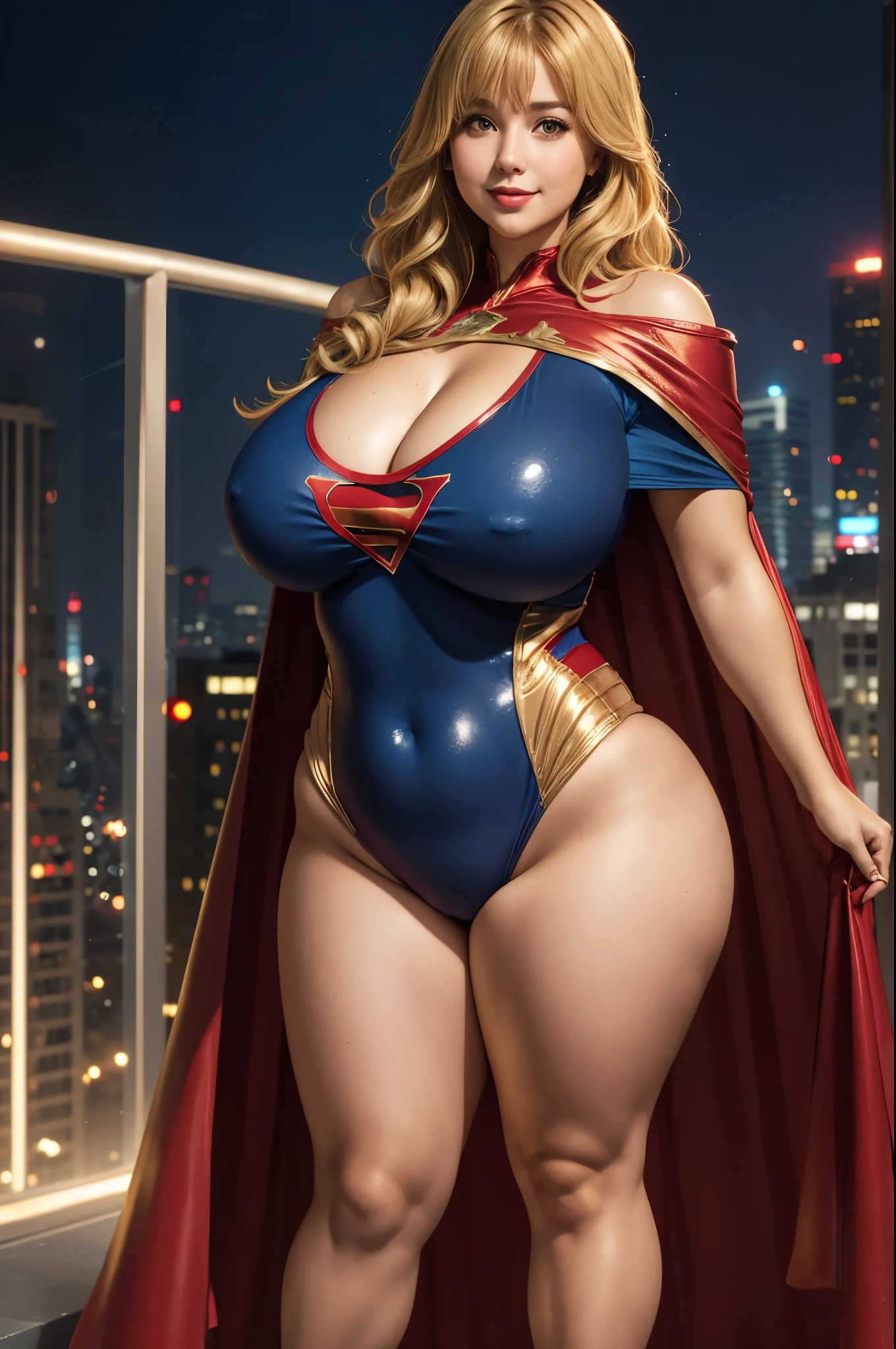 Supergirl, 27 years old, full body shot, Beautiful woman (((shoulder length wavy golden blonde hair))) (bangs:1.2) defined body, Red lipstick, smiling, hands free, standing, (huge_breasts:1.3) (very full figure, curvy, chubby, very soft, very thick, big breasts, sexy, sexy pose, fat thighs) ((( short sleeve, sparkling blue and red leotard, flowing red cape Supergirl))), rooftop city night, (curvy:1.4)