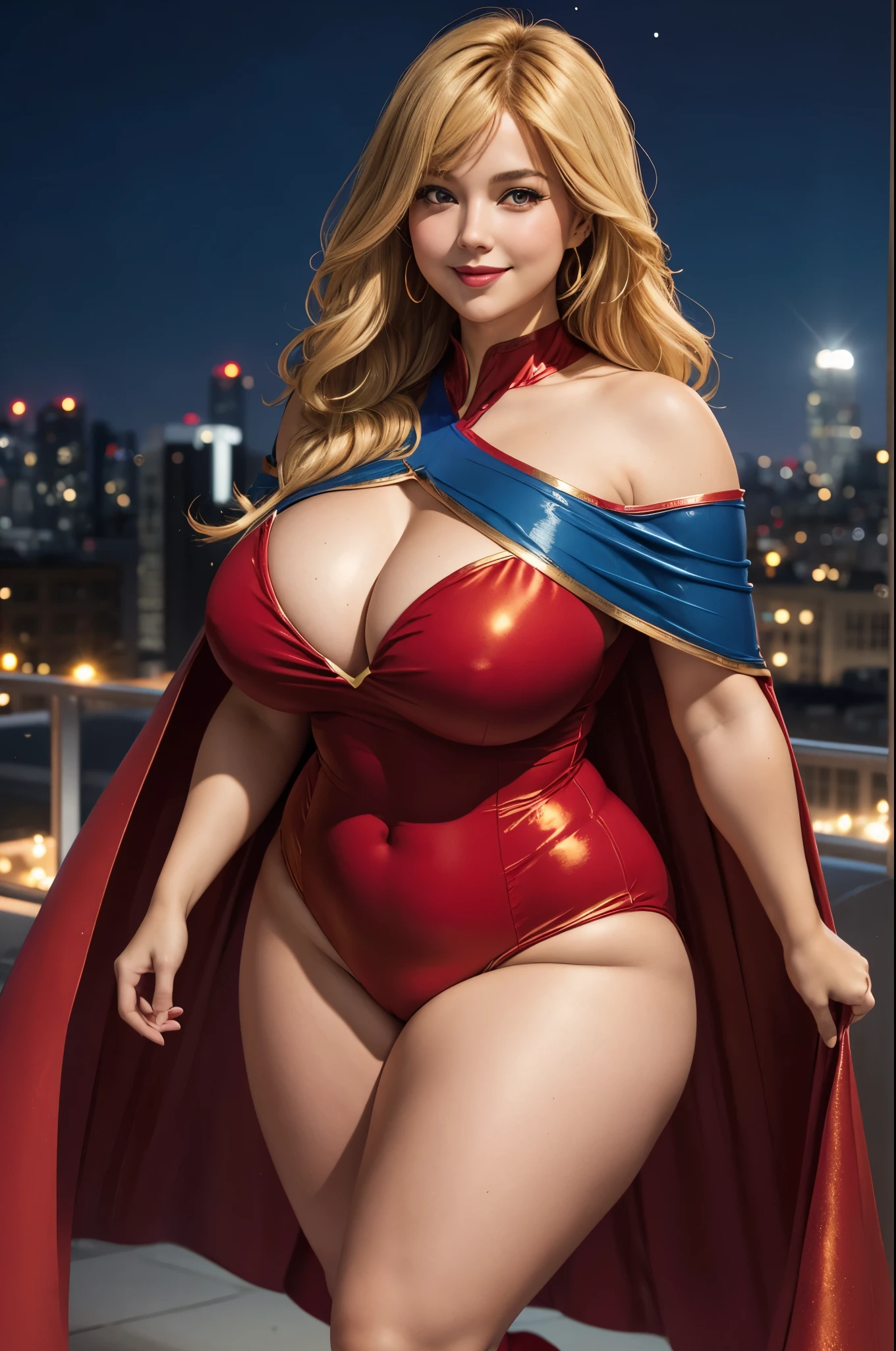 Supergirl, 27 years old, full body shot, Beautiful woman (((shoulder length wavy golden blonde hair))) (bangs:1.2) defined body, Red lipstick, smiling, hands free, standing, (huge_breasts:1.3) (very full figure, curvy, chubby, very soft, very thick, big breasts, sexy, sexy pose, fat thighs) ((( short sleeve, sparkling blue and red leotard, flowing red cape Supergirl))), rooftop city night, (curvy:1.4)