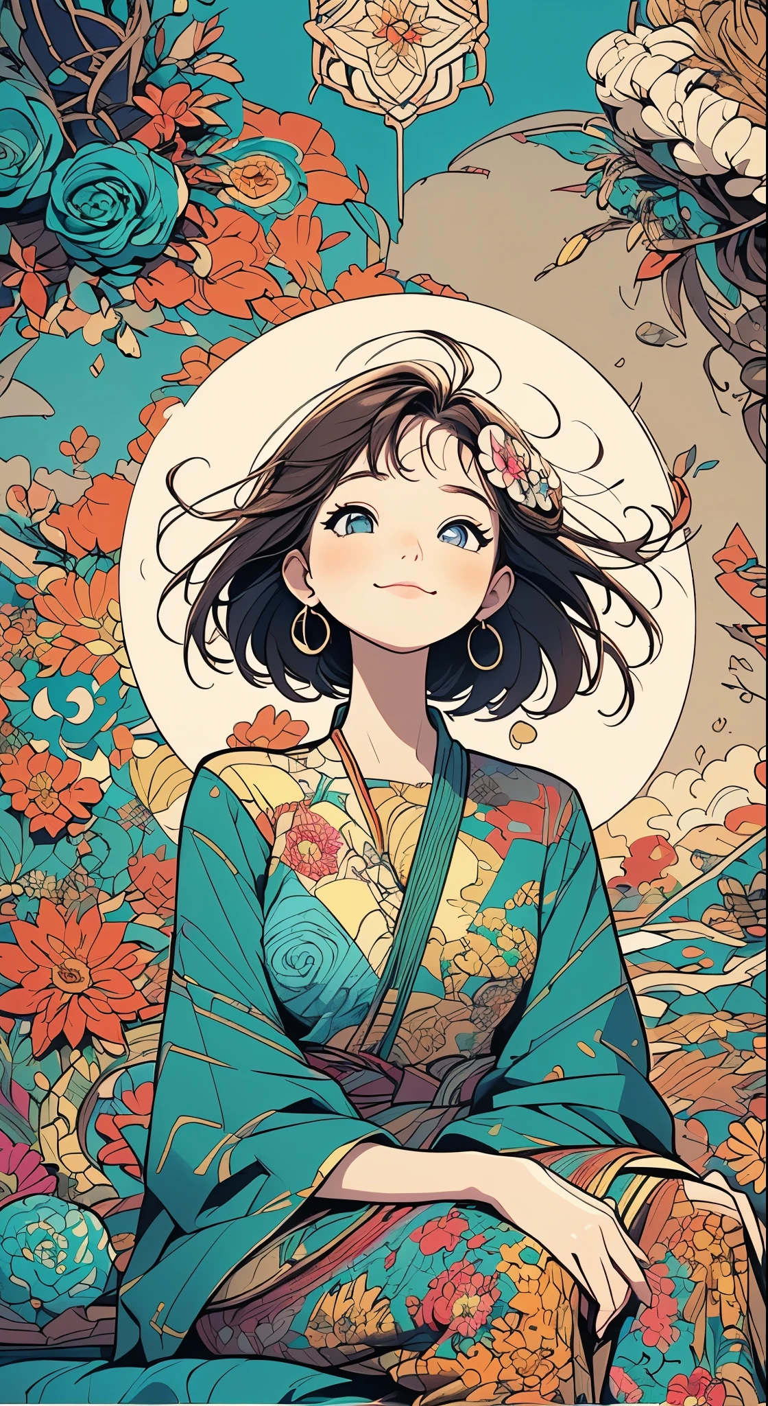 official art, unity 8k wallpaper, ultra detailed, beautiful and aesthetic, beautiful, masterpiece, best quality, (zentangle, mandala, tangle, entangle), (ecstasy of flower:1.2), dynamic angle, cowboyshot, the most beautiful form of chaos, elegant, a brutalist designed, vivid colours, romanticism, atmospheric, warm smile, bright eyes detailed eyes