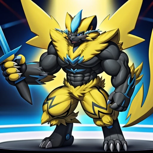 (Pokémon) Zeraora's giant robot. big muscle. GIANT. pecs, triceps, traps, waist narrow. bulge in the crotch, wears a small black string thong that reveals huge, muscular thighs. (metallic color: jet black thong) body full of huge muscles. bulge in the crotch, wears a small black string thong that reveals huge, muscular thighs. (metallic color: jet black thong) He wears a black cloak on his back. The cloak is so long that it touches the ground, crossed arms. The claws are sharp,
Sharp teeth, Protecting Zeraora's design and color scheme.
