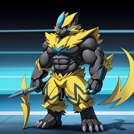 (Pokémon) Zeraora's giant robot. big muscle. GIANT. pecs, triceps, traps, waist narrow. body full of huge muscles. He wears a black cloak on his back. The cloak is so long that it touches the ground, The claws are sharp, Sharp teeth, Protecting Zeraora's design and color scheme. Wearing cyberpunk mecha, emphasizes the muscles. He wears the same armor as himself from head to foot. (emphasizes the muscles.) unusually developed muscular body, (Pokémon) A Zeraora at the bodybuilding competition, massive, huge muscular bodybuilder with extraordinary biceps, pecs, triceps, traps, gigachad, 300 lbs. The claws are sharp, Sharp teeth, whole body shines like metal. Gigantic ZERAORA, metallic eagle shaped wings, suit fully made of metal, Biomechanicegacities of the future, Metal wings on the back, with huge golden laser sword, intricate armor,
Robotic suit, 
suit fully made of metal, 
cyborg, 