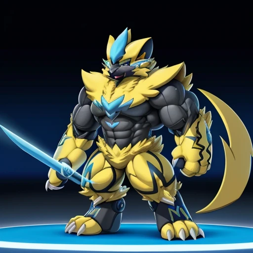 (Pokémon) Zeraora's giant robot. big muscle. GIANT. pecs, triceps, traps, waist narrow. body full of huge muscles. He wears a black cloak on his back. The cloak is so long that it touches the ground, The claws are sharp, Sharp teeth, Protecting Zeraora's design and color scheme. Wearing cyberpunk mecha, emphasizes the muscles. He wears the same armor as himself from head to foot. (emphasizes the muscles.) unusually developed muscular body, (Pokémon) A Zeraora at the bodybuilding competition, massive, huge muscular bodybuilder with extraordinary biceps, pecs, triceps, traps, gigachad, 300 lbs. The claws are sharp, Sharp teeth, whole body shines like metal. Gigantic ZERAORA, metallic eagle shaped wings, suit fully made of metal, Biomechanicegacities of the future, Metal wings on the back, with huge golden laser sword, intricate armor,
Robotic suit, 
suit fully made of metal, 
cyborg, 