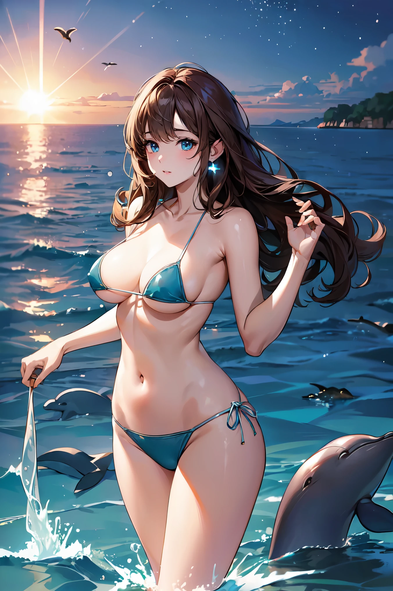 (((masterpiece、high resolution、high quality、Delicate、Ultra-high resolution、8k)))One female、Brown Hair、Curly Hair、Blue Eyes、Dense lips、Glowing Skin、Micro Bikini、BREAK,Ocean、beach、(Dolphin🐬:1.5)、water droplets、night、Starry Sky