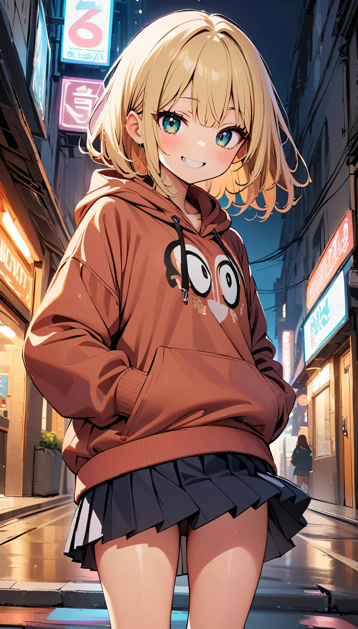 One girl, alone, Big eyes, Wicked Smile,hoodie, Pleated skirt, JK,