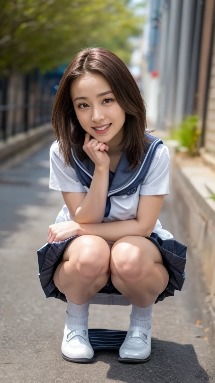 highest quality、8K、Super detailed、(masterpiece:1.3, highest quality, Ultra-high resolution, Super detailed), (Realistic, photoRealistic:1.4), Beautiful illustrations, Perfect lighting, Natural light, colorful, Depth of written boundary, Surrealism, Browsing Caution, Beautiful detailed hair, Beautifully detailed face, Beautiful fine details, Beautiful clavicle, Beautiful body, Beautiful , Beautiful thighs, Beautiful feet, Beautiful fingers, Shiny skin, View your viewers, 1 girl, Japanese, high school girl, (Perfect , Anatomically correct, Highly detailed skin), Cute and symmetrical face, Baby Face, Perfect Face, Perfect Eyes, (Middle Hair, Straight hair, Charcoal gray hair), Crossed bangs, blue eyes, Droopy eyes, Big eyes, Long eyelashes, (, Captivating thighs), thin, Excellent style, ((Detailed cloth texture, Short sleeve, Sailor suit, Pleated skirt, Sailor collar, Blue scarf), White socks, loafers), (Beautiful views), evening, (Sidewalk, Grass is overgrown), (squat), (Cute smile, Upward glance, Open your mouth),Real Photo:1.6