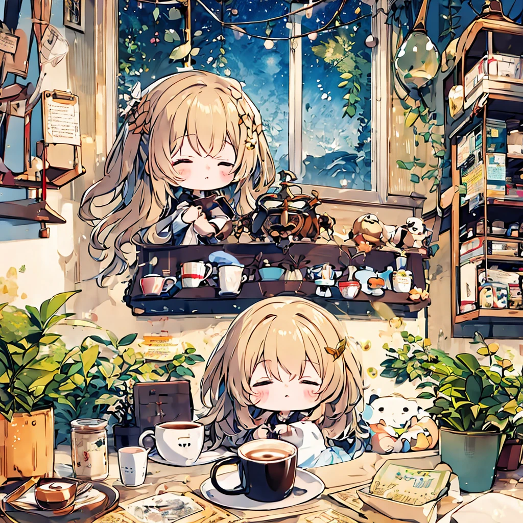 Little fairy、Living in a coffee cup、highest quality、Masterpiece、Official Art、16k、super beautiful、Super detailed、Ultra-fine、Disorganized、A warm and cozy world of pastel colors、Cute and fluffy、Chibi sleeping in a coffee cup、I close my eyes and doze off.、