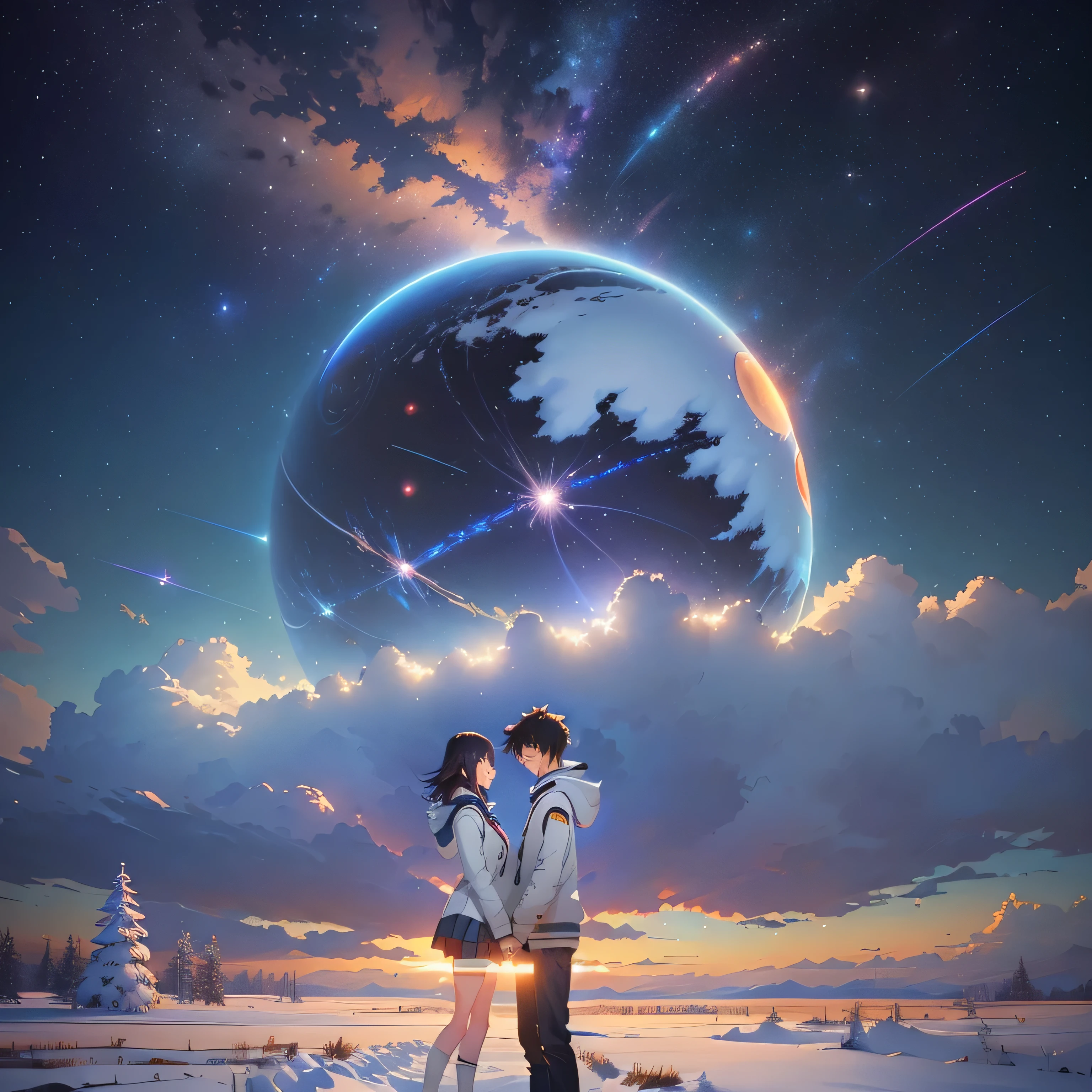 Anime couple standing in the snow with planets in the background, makoto shinkai cyril rolando, guweiz and makoto shinkai, sakimichan and makoto shinkai, Ross Tran and Makoto Shinkai, Space Sky. by makoto shinkai, fiona staples and makoto shinkai, makoto shinkai and bioware