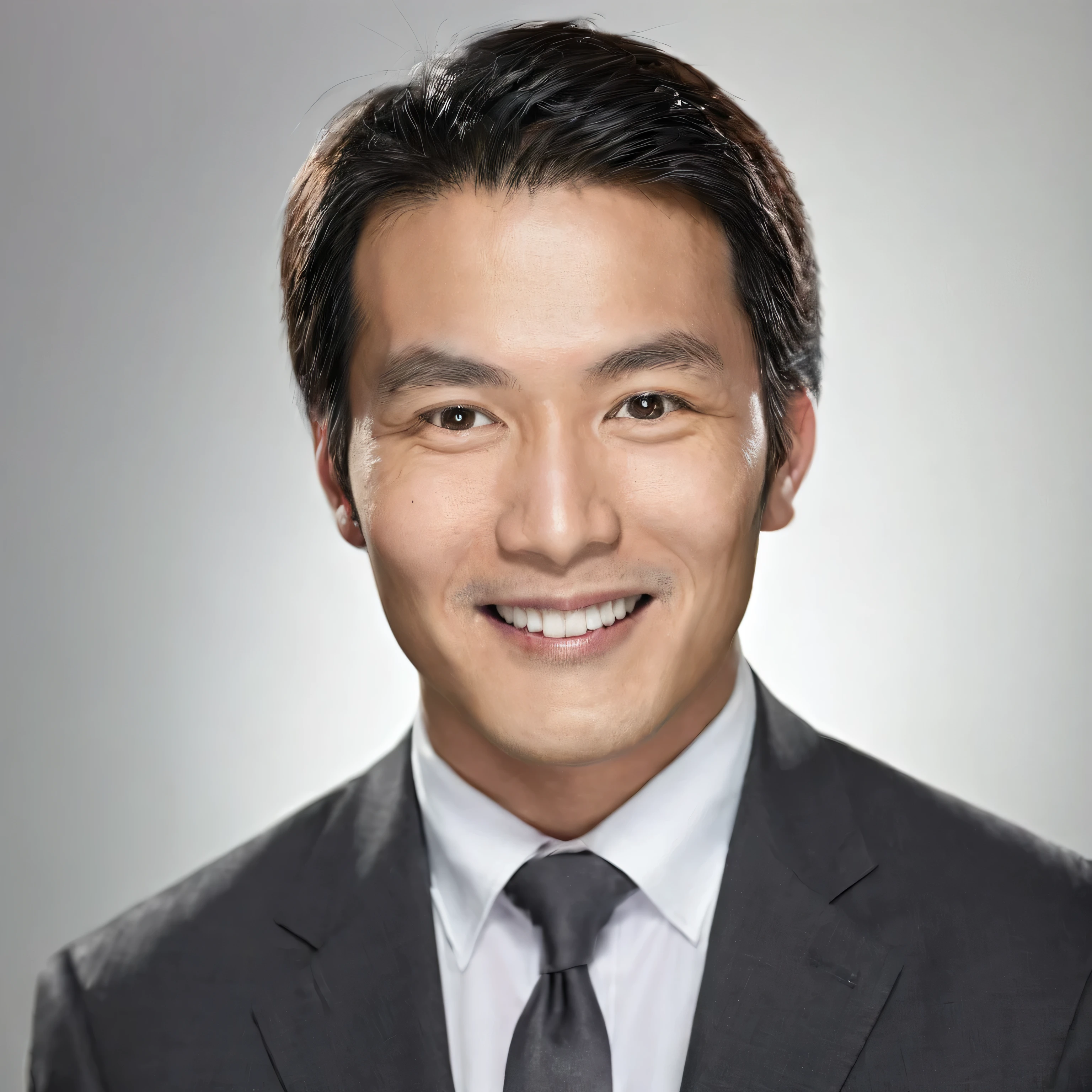 Create a professional portrait of a young Asian man intended for a curriculum vitae and job application purposes. The man should appear in his late 40s to early 45s, dressed in a crisp, tailored charcoal gray suit with a clean, white button-up shirt and a tasteful, dark-colored tie. He should be photographed in a studio setting with a soft, neutral background that does not distract from his presence. His posture should be upright with a slight lean forward to convey eagerness and readiness. His expression is key: a gentle, confident smile that reaches his eyes, suggesting friendliness and approachability, while his gaze is direct and engaging, exuding confidence and optimism. The lighting should be bright and flattering, highlighting his facial features softly and enhancing the professional quality of the photo. This image aims to portray him as a reliable, capable candidate, ready to make a positive impact in his professional field.