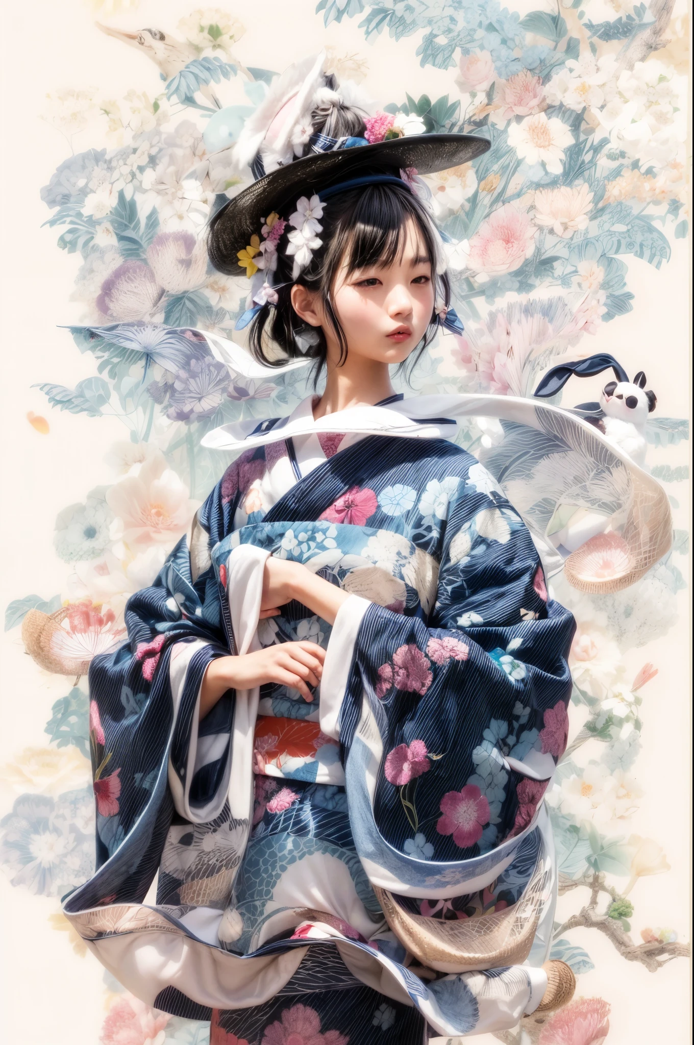 18-year-old Japanese woman wearing a yukata、On a cream background、Sky blue yukata、A yukata with a white rabbit pattern、Black hair style、The shape of Chinese characters