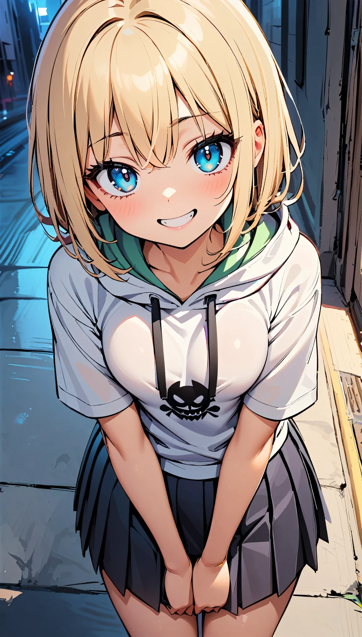 One girl, alone, Big eyes, Wicked Smile,hoodie, Pleated skirt, JK,