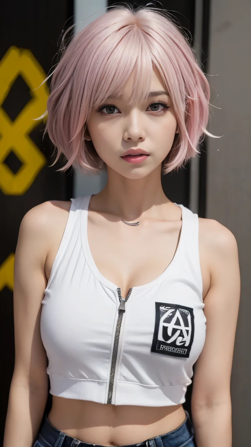(head shot:1.5),highest quality, Little Woman, nice,whole body, , {{{Beautiful face in every detail}}}, Beautiful empathy (black) eye, Dead Rolling eye, short hair, {Shaggy Cut}, bright (pink) Highlighted Hair, pinkの縞模様の髪, Bare arms, Standing in front of a wall covered in hip hop graffiti, Pixie cut white hair, He is wearing a short tank top and an open-zipped hoodie..,I can see your chest,Nice ass,Wear a New Era cap