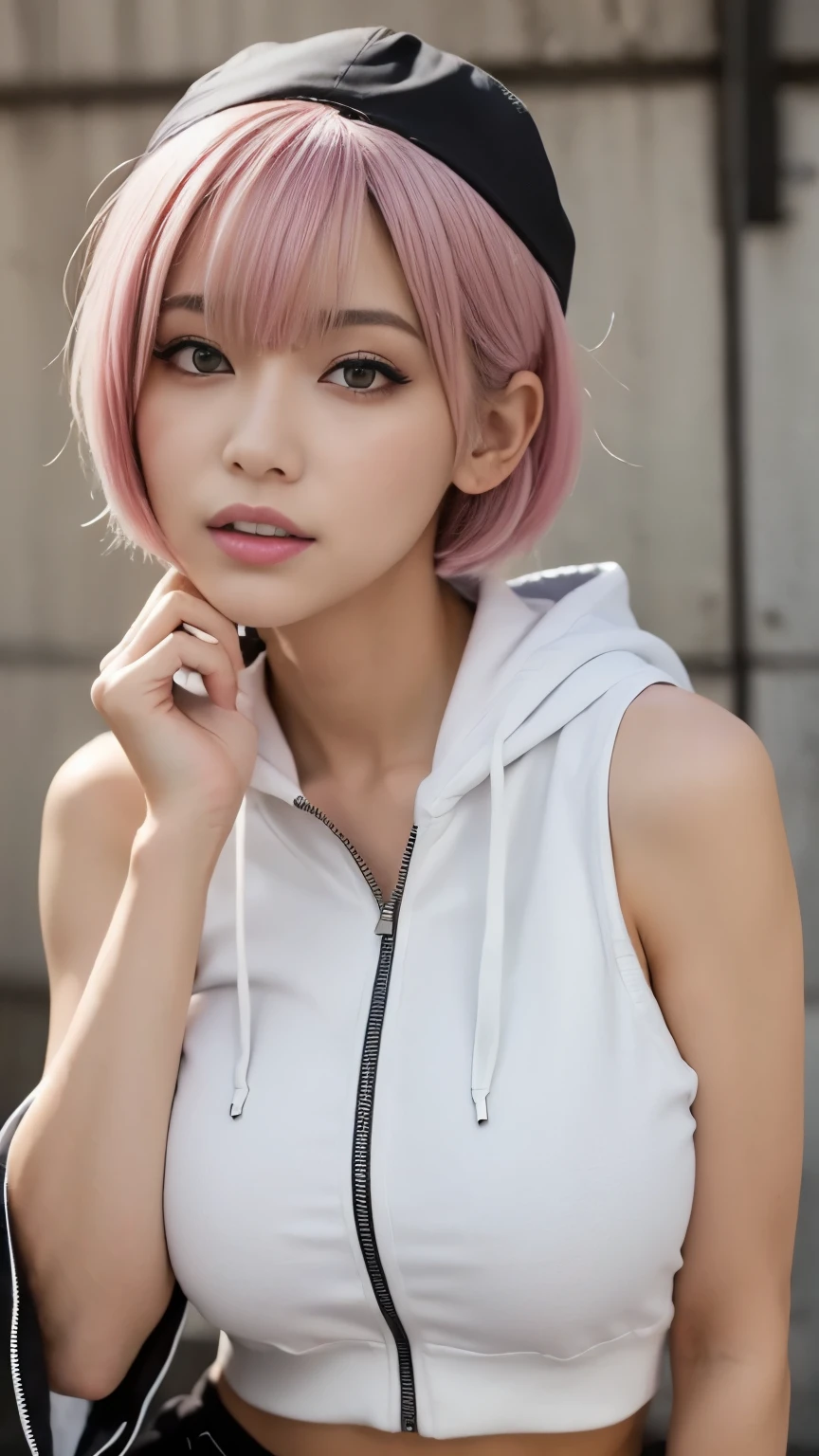 (head shot:1.5),highest quality, Woman, nice,whole body, , {{{Beautiful face in every detail}}}, Beautiful empathy (black) eye, Dead Rolling eye, short hair, {Shaggy Cut}, bright (pink) Highlighted Hair, pinkの縞模様の髪, Bare arms, Standing in front of a wall covered in hip hop graffiti, Pixie cut white hair, He is wearing a short tank top and an open-zipped hoodie..,I can see your chest,Nice ass,Wear a New Era cap