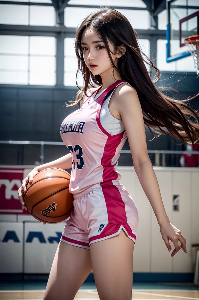 beautiful detail, best quality, 8k, highly detailed face and skin texture, high resolution, big tits cute long hair girl in pink basketball jersey at basketball court, full body, sharp focus
