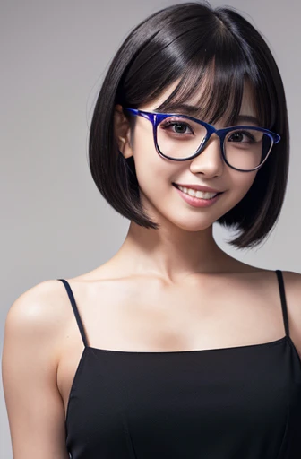 (masterpiece), (8k, best quality, high resolution), (ultra-detailed, realistic), (anatomically correct),
((full body image)), (Standing), (No background),
(1woman), (looking at viewer),
(A Japanese woman, 30 years old and 155cm tall.),
(black hair), (straight hair), (short hair style), (bob cut), (hair behind ears),
((she wears glasses with black cell-frame frames)),
(dark blue spaghetti strap dress),
(Create a detailed image of the eye),
(Her impression is pure, clean and kind.),
((A captivating smile, just showing a few teeth.)),