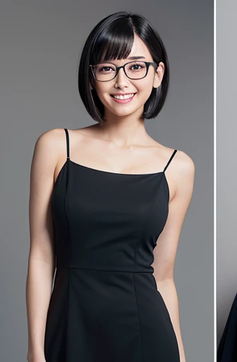 (masterpiece), (8k, best quality, high resolution), (ultra-detailed, realistic), (anatomically correct),
((from head to thighs)), (Standing), (No background),
(1woman), (looking at viewer), (pull the dress up to the navel),
(A Japanese woman, 30 years old and 155cm tall),
(black hair), (straight hair), (short hair style), ((bob cut)), (hair behind ears),
(wear glasses), ((black cell frame glasses)),
((Wear a navy blue spaghetti strap dress)), ((Mini length dress with a simple design and minimal decoration)),
(wear panties), ((white panties)),
(Create a detailed image of the eye),
(Her impression is pure, clean and kind.),
((A captivating smile, just showing a few teeth.)),