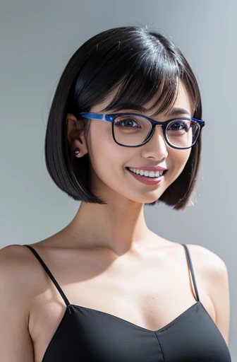 (masterpiece), (8k, best quality, high resolution), (ultra-detailed, realistic), (anatomically correct),
((full body image)), (Standing), (No background),
(1woman), (looking at viewer),
(A Japanese woman, 30 years old and 155cm tall.),
(black hair), (straight hair), (short hair style), (bob cut), (hair behind ears),
((she wears glasses with black cell-frame frames)),
(dark blue spaghetti strap dress),
(Create a detailed image of the eye),
(Her impression is pure, clean and kind.),
((A captivating smile, just showing a few teeth.)),