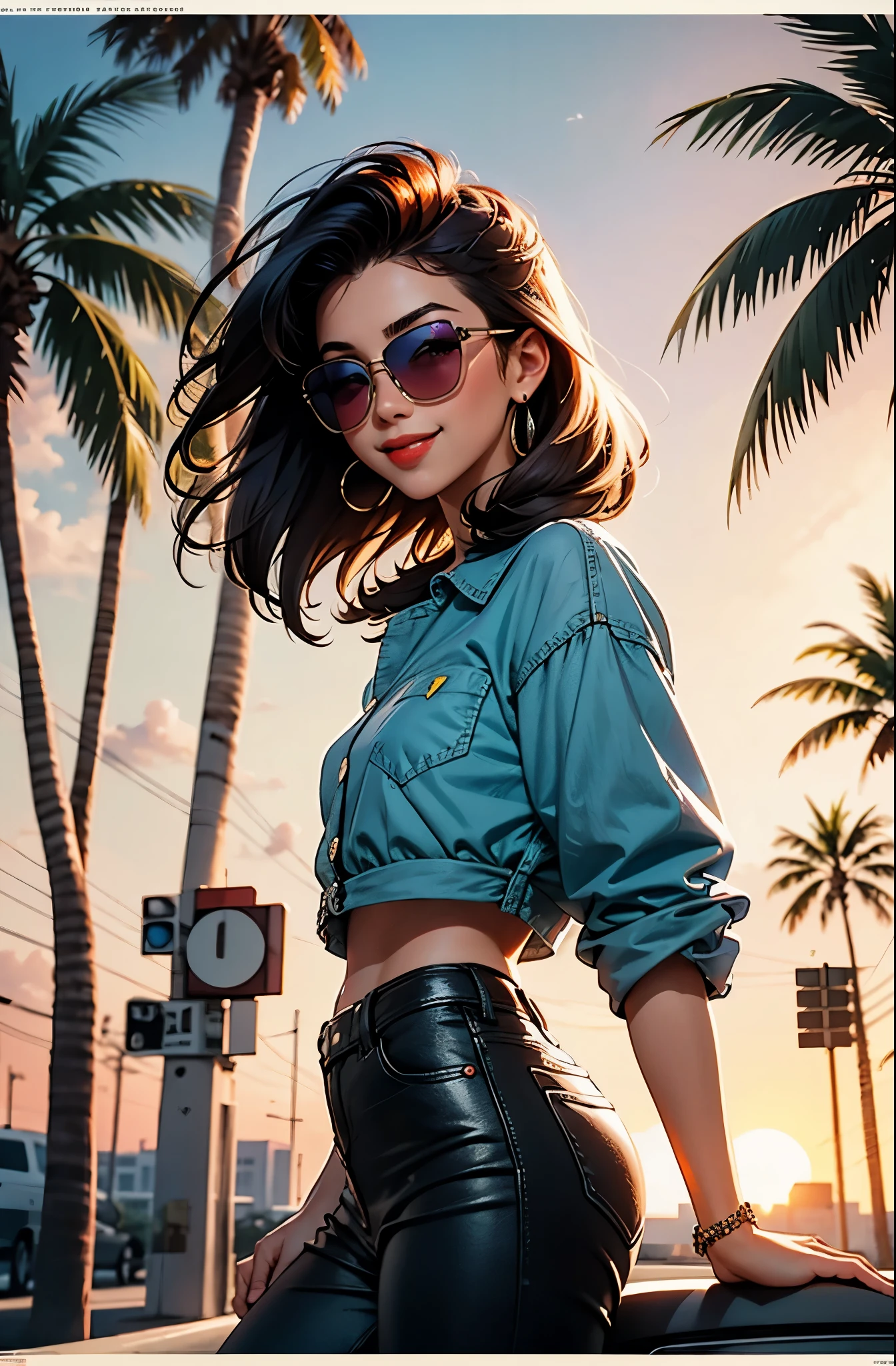 retro 90’s girl, Miami, sunset, Ferrari, palm tree, 90's movie poster, smirk smile, action, dark sunglasses