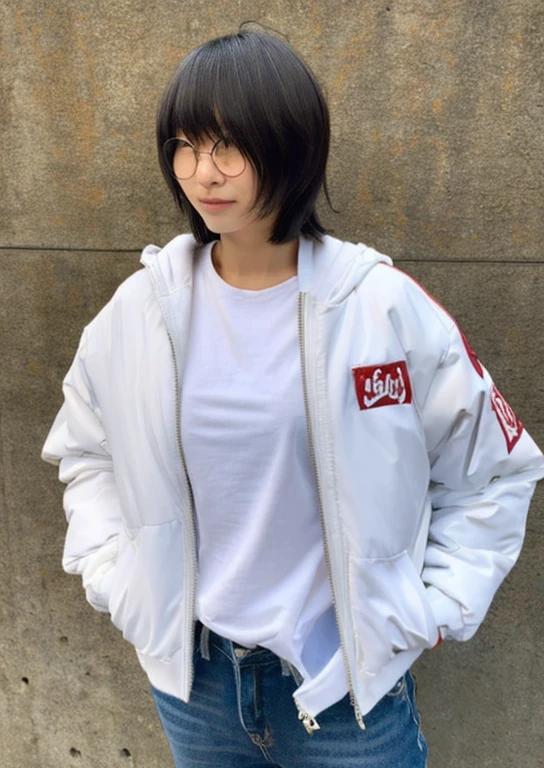 1girl, white jacket, jeans, wrinkle t-shirt, hair covers ears, hands in pocket,