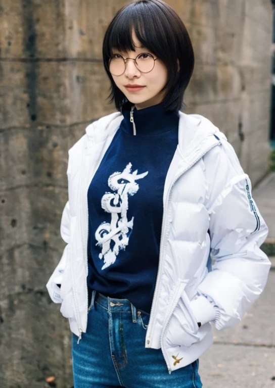 1girl, white jacket, jeans, wrinkle t-shirt, hair covers ears, hands in pocket,