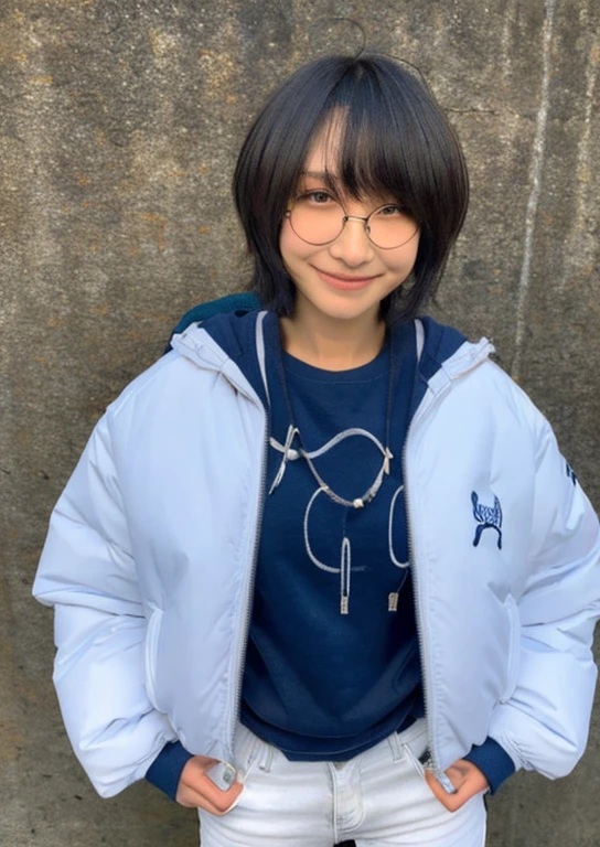 1girl, white jacket, jeans, wrinkle t-shirt, hair covers ears, hands in pocket,