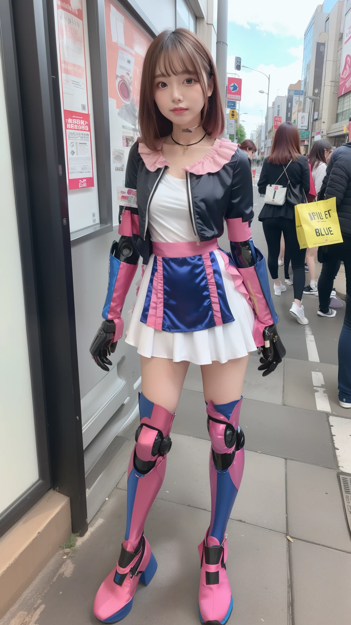Costume like a idol, blue and white half sleeve Jacket, pink satin ruffled blouse, White and pink stripe pleated skirt, robot