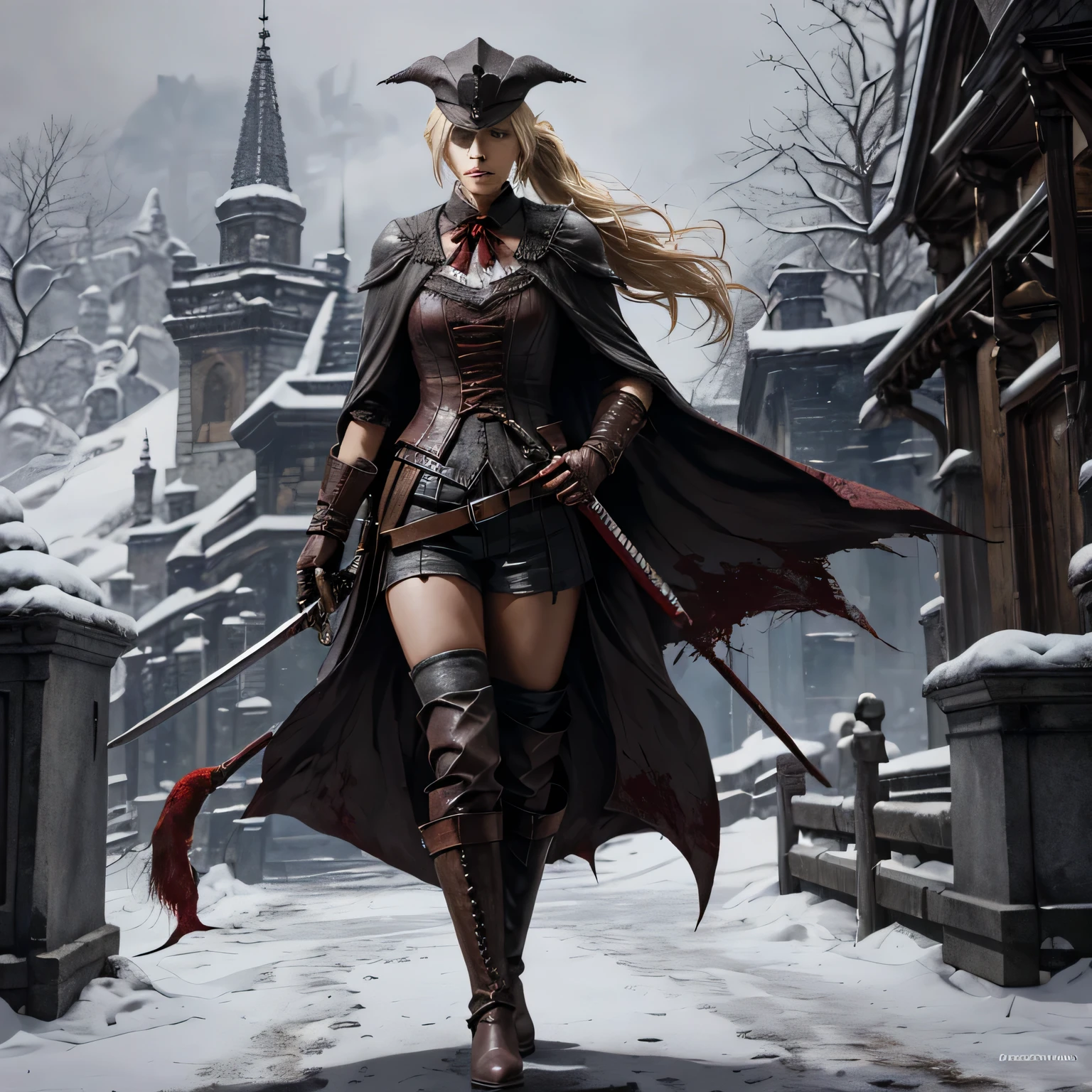 drawn in the artstyle of 1girl, medium_breasts, lady_maria_of_the_astra, rakuyo_\(bloodborne\), red dark snow mountain background, realistic face, realistic skin, perfect face, perfect lighting, detailed skin, detail face, white_hair, blonde hair, upper body,magical blood mist flowing from sword, ponytail, boots, bloodborne outfit, katana, hat_feather, cape, holding_weapon, pistol holstered on hip, gothic, grey eyes,